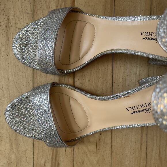 Badgley Mischka Jeweled Sandals Women 7.5 Bridal Silver Strappy Block Heel Party - Picture 6 of 11